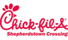 A logo featuring the text 'Chick-fil-A' in red, accompanied by a stylized chicken head graphic, with the phrase 'at Shepherdstown Crossing' below it.