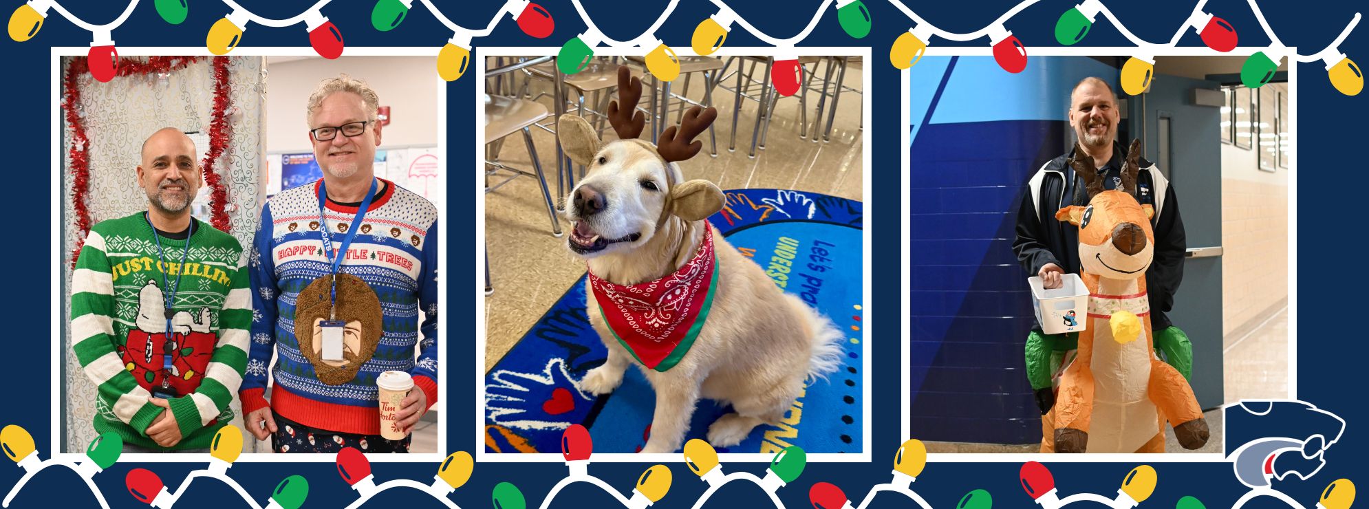 teachers dressed in holiday sweaters, dog in reindeer antlers, principal dressed as rudolf