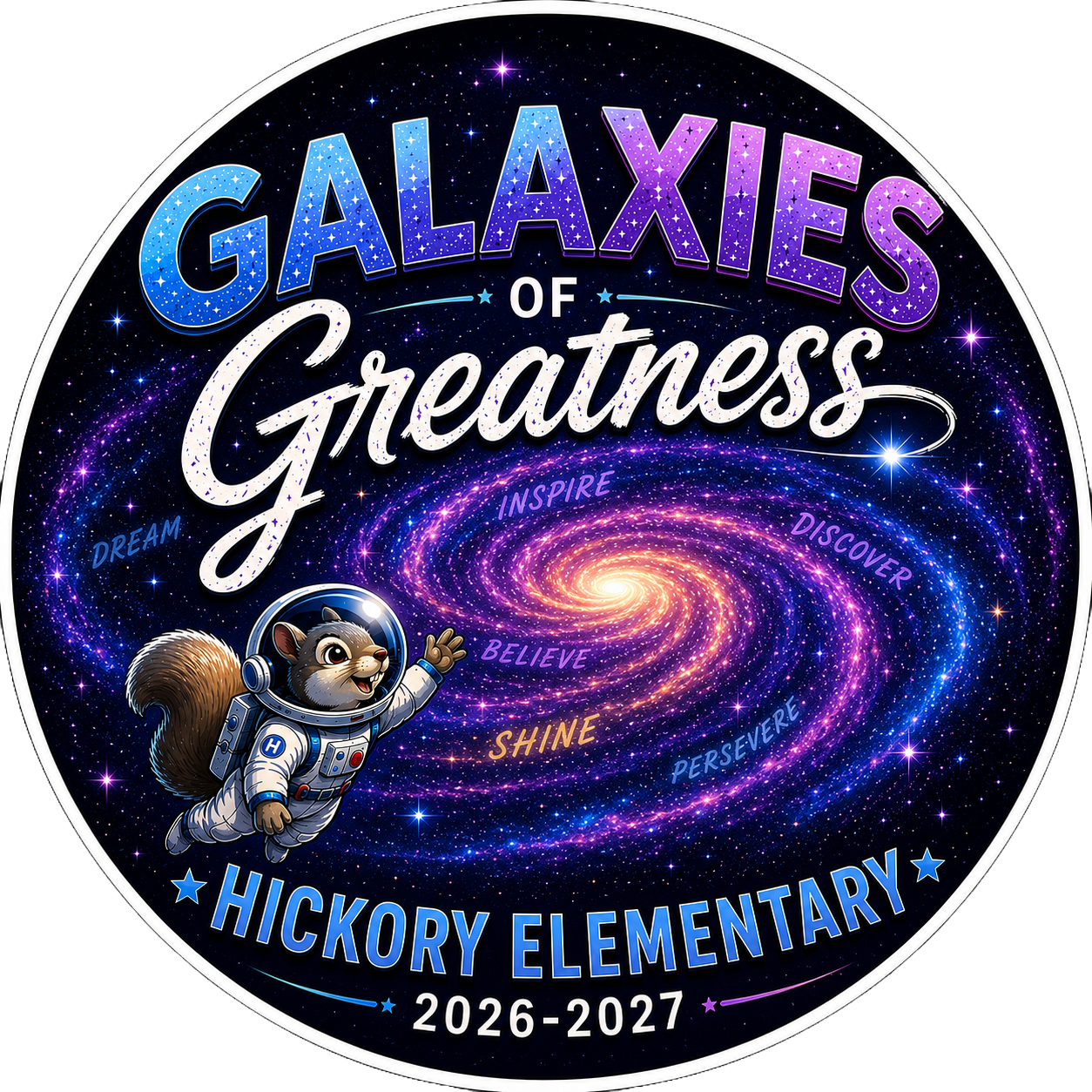 Image of Sylvester the Squirrel Mascot and text that reads Hickory Elementary School Galaxies of Greatness