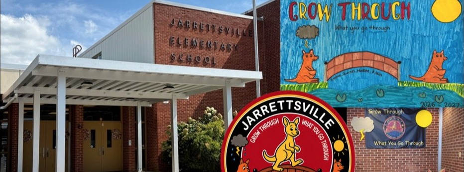 Jarrettsville Elementary School entrance alongside student artwork and displays featuring the school’s theme, “One School, Many Stories!” Images include drawings and decorations with kangaroos, books, and words like “Diversity,” “Inclusion,” and “Student Voice,” highlighting the school’s focus on community and belonging.