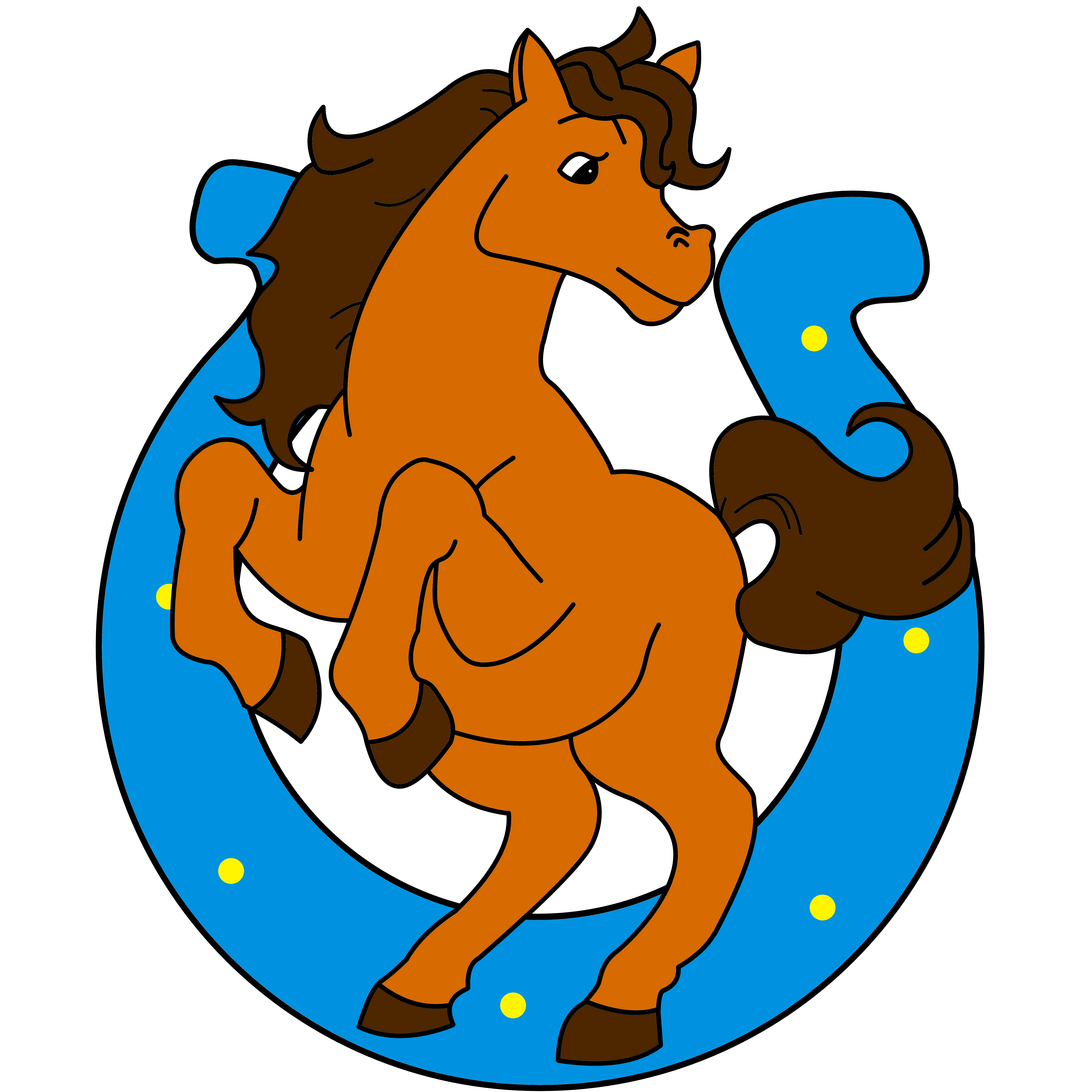 A brown horse rearing in front of a blue and yellow horseshoe.