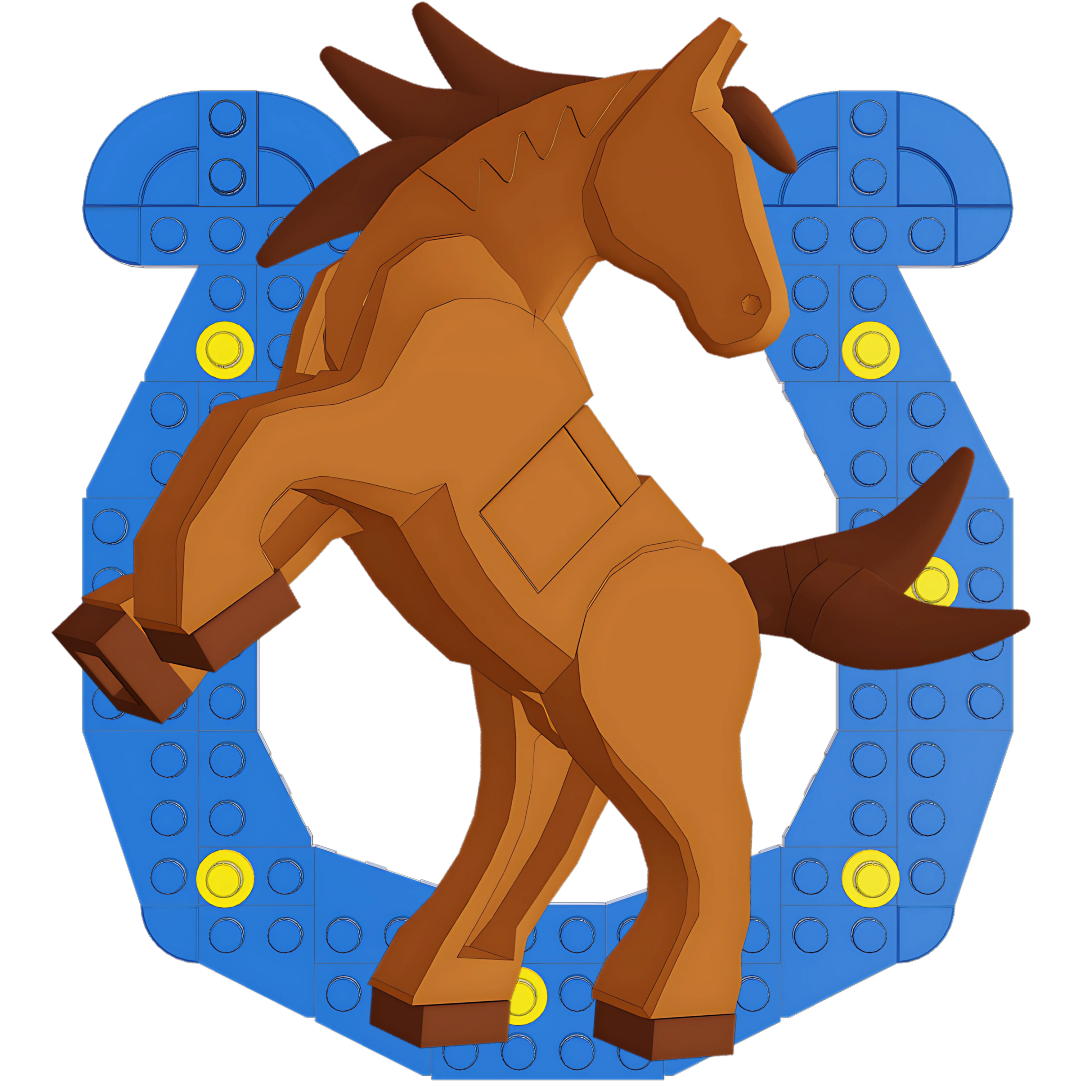 A brown lego horse rearing in front of a blue and yellow lego horseshoe.
