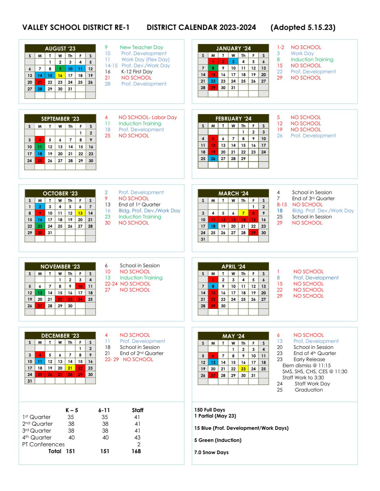 School Calendars Re 1 Valley School District