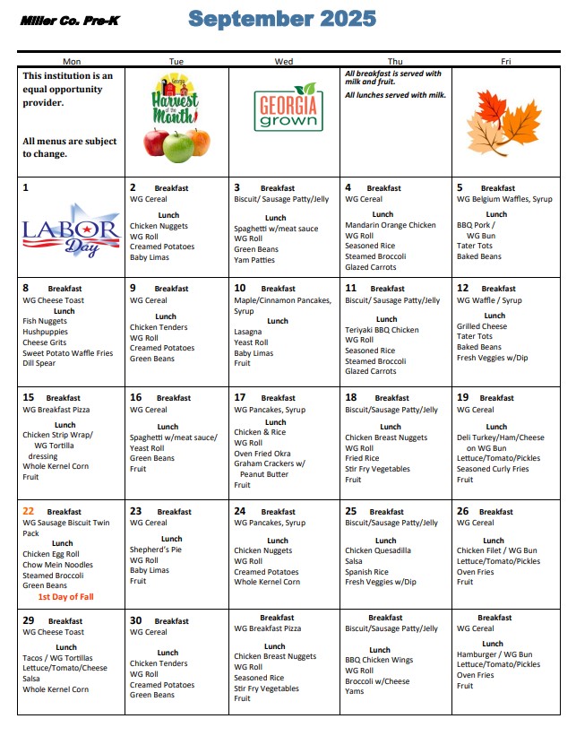 Pre-K Menu
