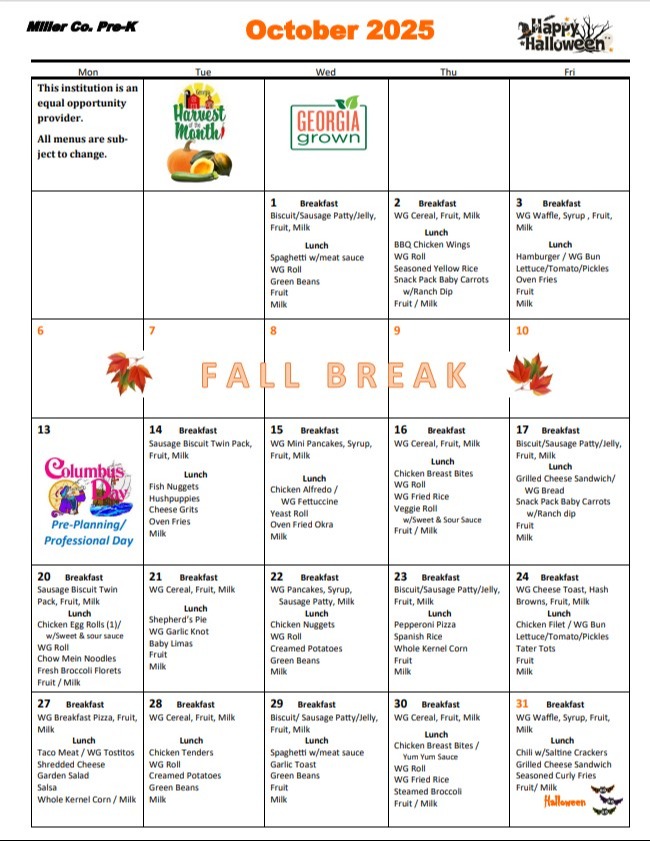 Pre-K Menu