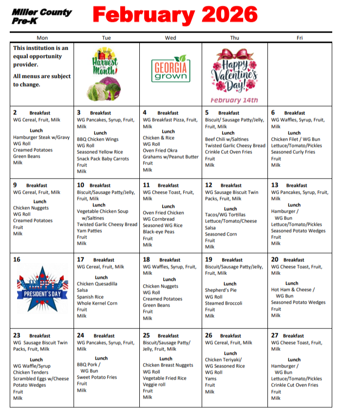 Pre-K Menu