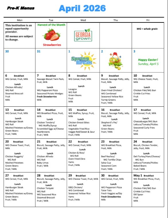 Pre-K Menu