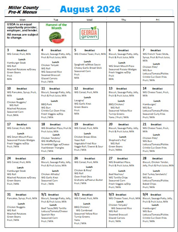 Pre-K Menu