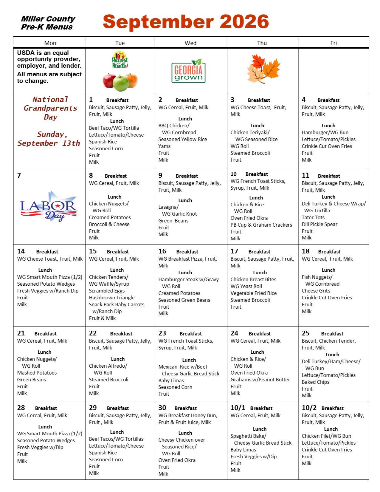 Pre-K Menu