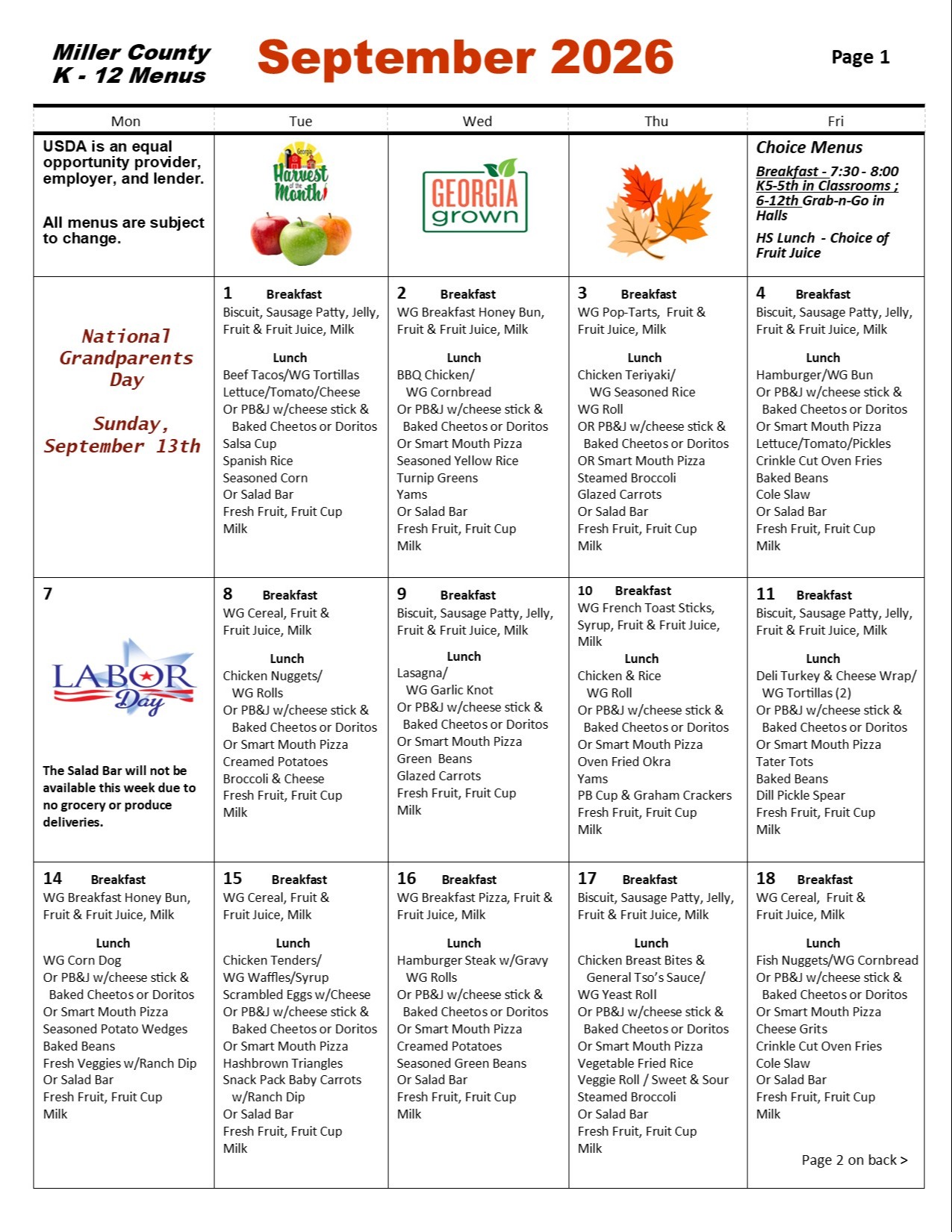 K-12 Menu