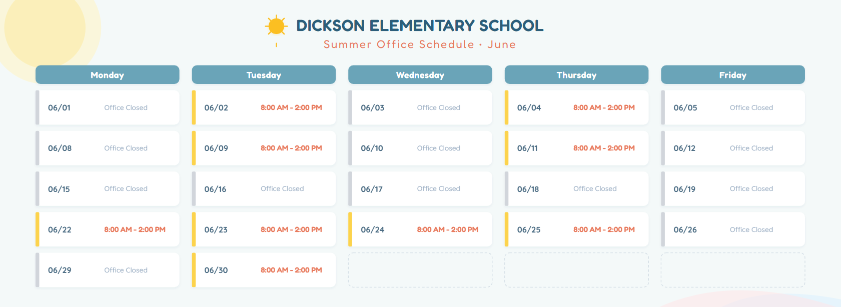 School Summer Hours