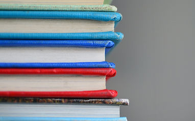 A stack of books with colorful spines, including shades of blue, red, and green, against a neutral background.