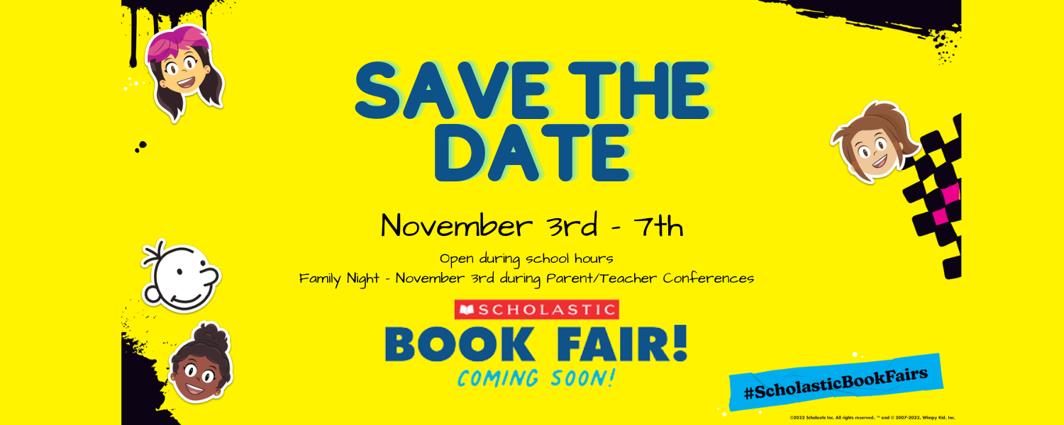 Yellow background with book characters to the side of Scholastic text.