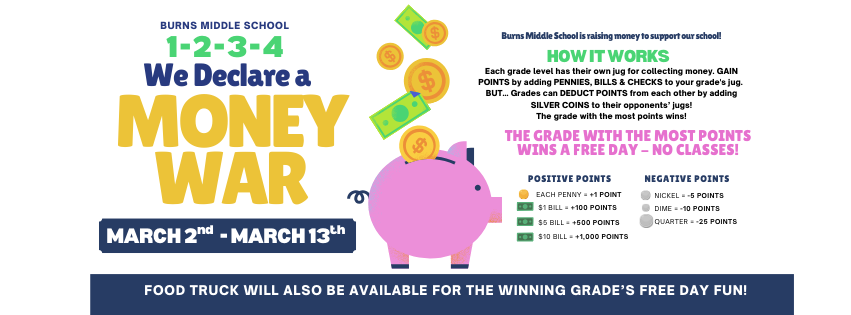 Colorful flyer for Burns Middle School announcing a “Money War” fundraiser from March 2–March 13. A large pink piggy bank with coins and dollar bills appears in the center. Text explains that each grade earns points by adding pennies, bills, and checks to their grade’s jug, and loses points when silver coins are added by other grades. Positive points: penny +1, $1 bill +100, $5 bill +500, $10 bill +1,000. Negative points: nickel −5, dime −10, quarter −25. The grade with the most points wins a free day with no classes. A food truck will be available for the winning grade’s celebration.