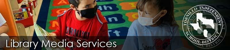 Two children wearing masks are engaged in an activity on a colorful carpet with letters, alongside a banner that reads 'Library Media Services' and a Texas state emblem.