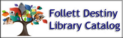 A graphic featuring a stylized tree with colorful book icons and the text 'Follett Destiny Library Catalog' in blue.