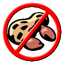 A graphic depicting a peanut and a crab with a red prohibition sign overlay, indicating a warning against peanuts and shellfish.
