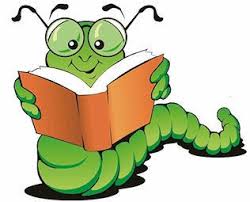 A cartoonish green worm with large eyes and antennae is happily reading an orange book.