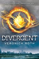 The cover of the book 'Divergent' by Veronica Roth, featuring a fiery symbol against a cloudy sky with a city skyline in the background.