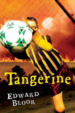 A young boy in a striped yellow and black soccer jersey is catching a soccer ball against a dramatic sunset background, with the title 'Tangerine' and the author's name 'Edward Bloor' prominently displayed.