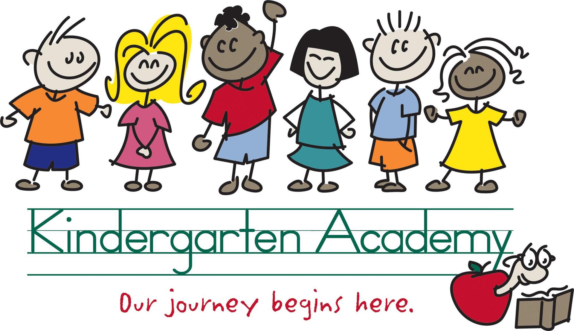 A colorful illustration of six diverse, cartoon-style children standing together, with the text 'Kindergarten Academy' and the phrase 'Our journey begins here' below them, accompanied by an apple and a book graphic.