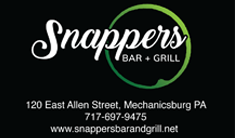 A business card for Snappers Bar + Grill, featuring the name in stylized font, address, phone number, and website on a black background.