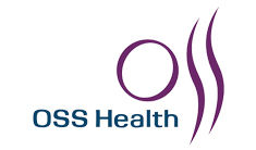 A logo featuring the text 'OSS Health' with a stylized circular element and two wavy lines, primarily in purple and blue colors.