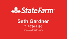A business card for State Farm featuring the name Seth Gardner, a phone number, and a website URL on a red background.