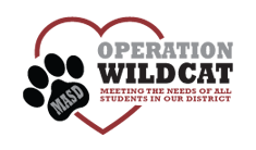 A logo featuring a heart shape, a paw print, and the text 'Operation Wildcat' along with the phrase 'Meeting the needs of all students in our district.'