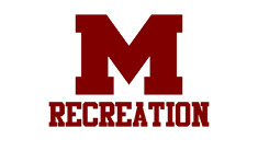 A bold, maroon letter 'M' is displayed above the word 'RECREATION' in a matching font, set against a white background.