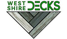 A logo featuring the text 'WEST SHIRE DECKS' in green above a triangular design that resembles a wooden deck pattern in shades of gray and white.