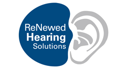 A logo featuring the text 'ReNewed Hearing Solutions' in white on a blue background, accompanied by a stylized ear graphic in gray.