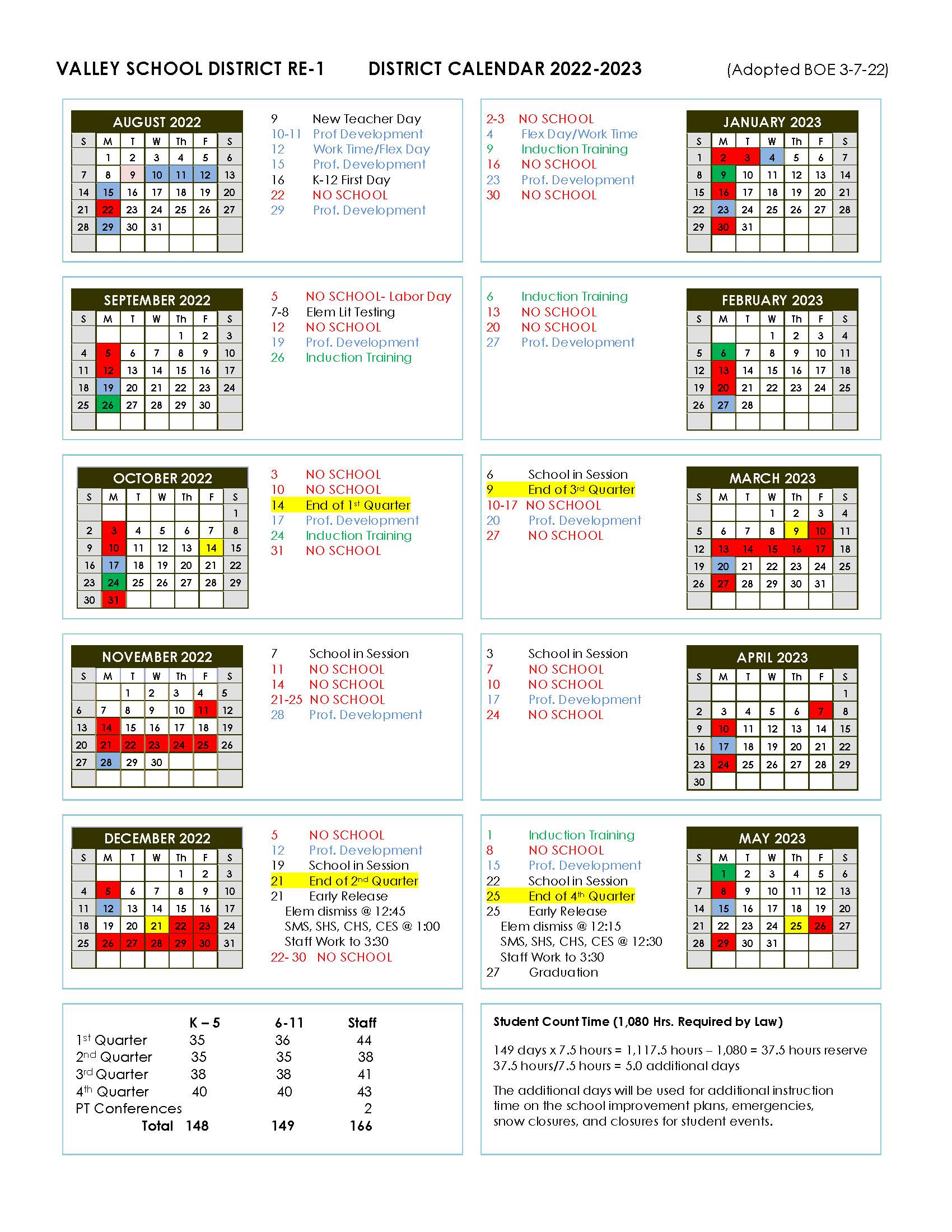 Valley School District RE1 Calendar 2022 and 2023