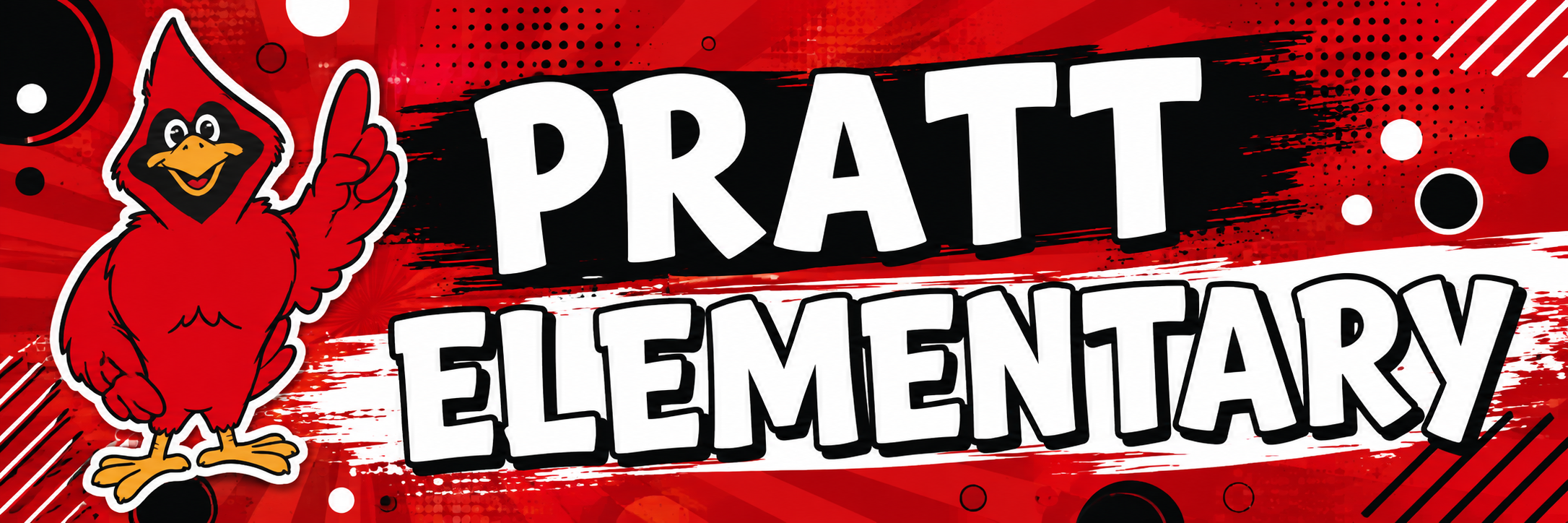 Red, black, and white graphic for Pratt Elementary featuring the school’s red cardinal mascot giving a thumbs-up beside large white text that reads ‘PRATT ELEMENTARY.’ The background has bold red and black brushstrokes, dots, rays, and geometric accents.