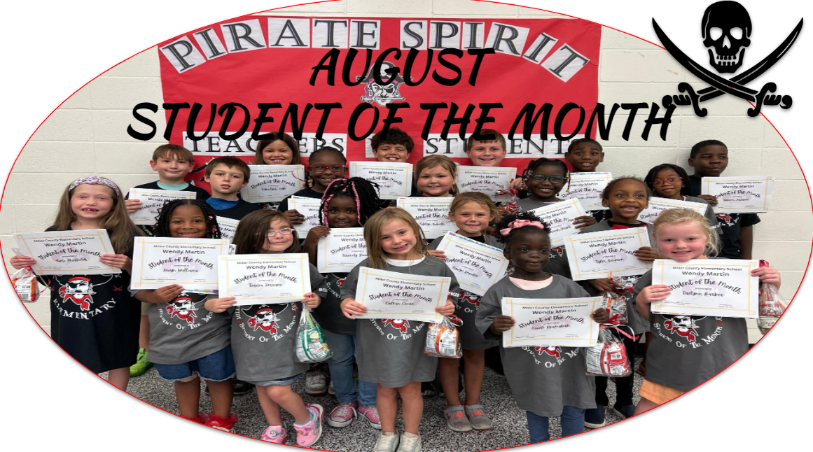A group of children holding certificates for 'Student of the Month' in front of a banner that reads 'Pirate Spirit' with a pirate theme.