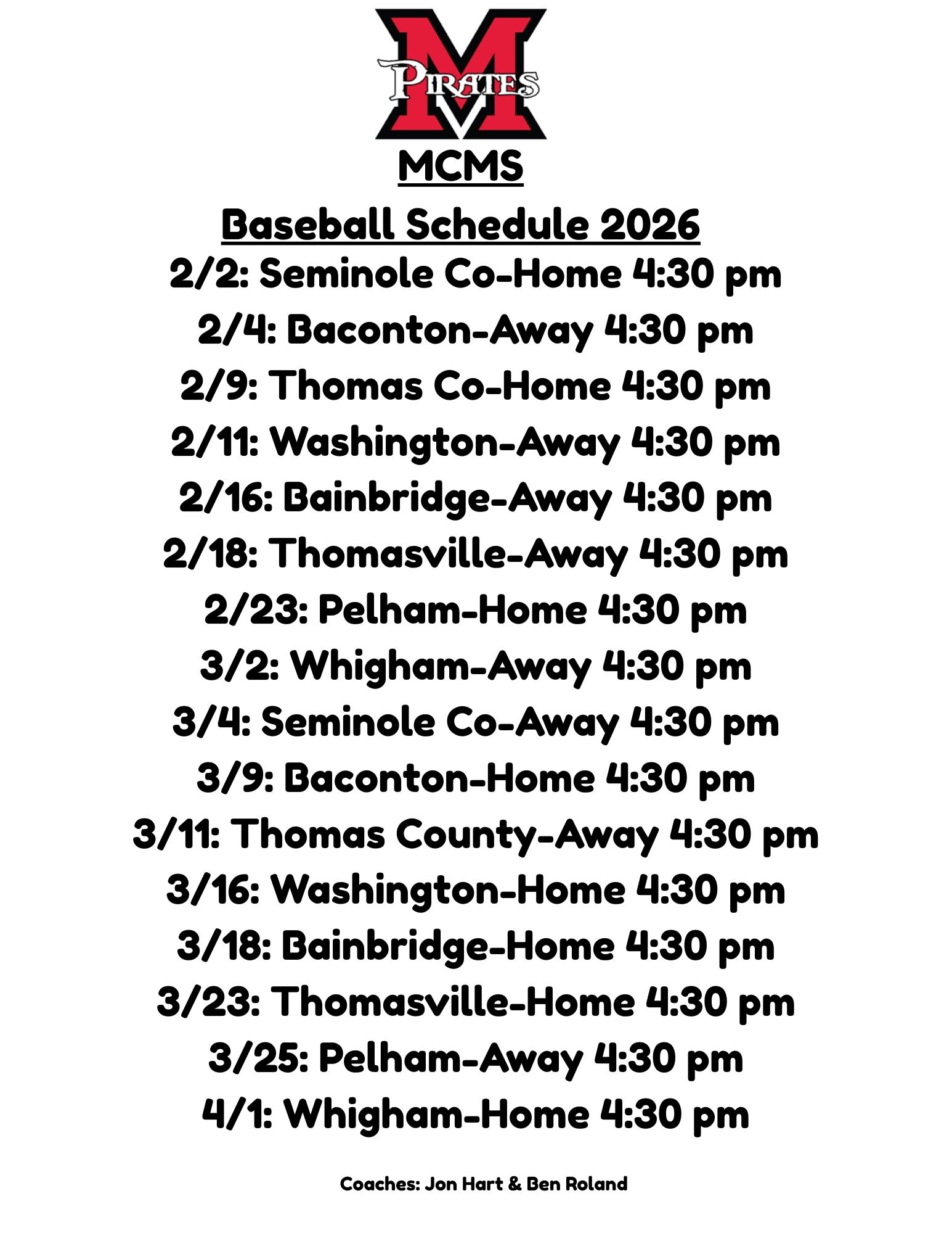 MS Baseball schedule
