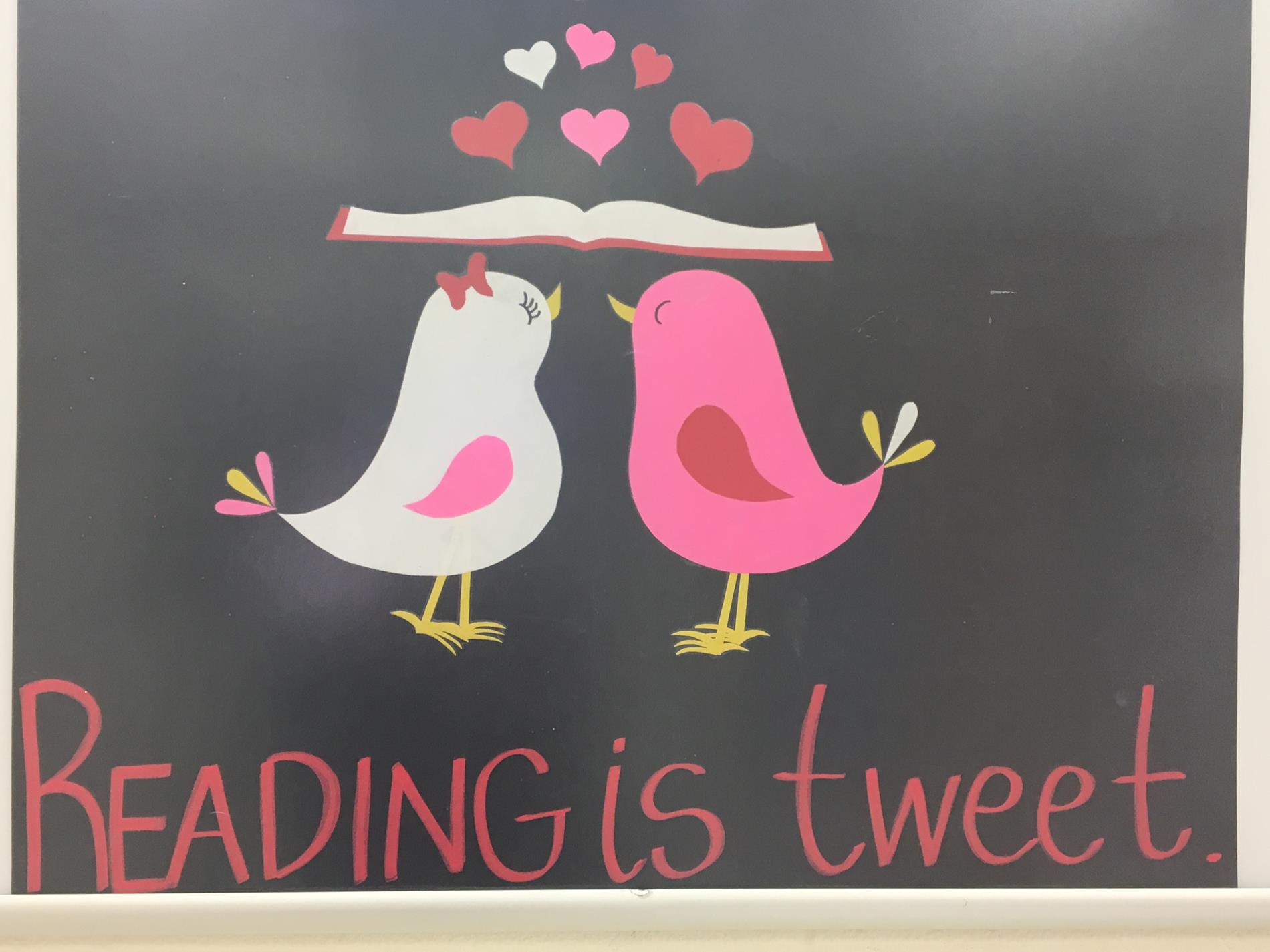 A whimsical illustration featuring two cartoon birds, one white and one pink, standing under an open book with hearts floating above, accompanied by the text 'READING is tweet.'