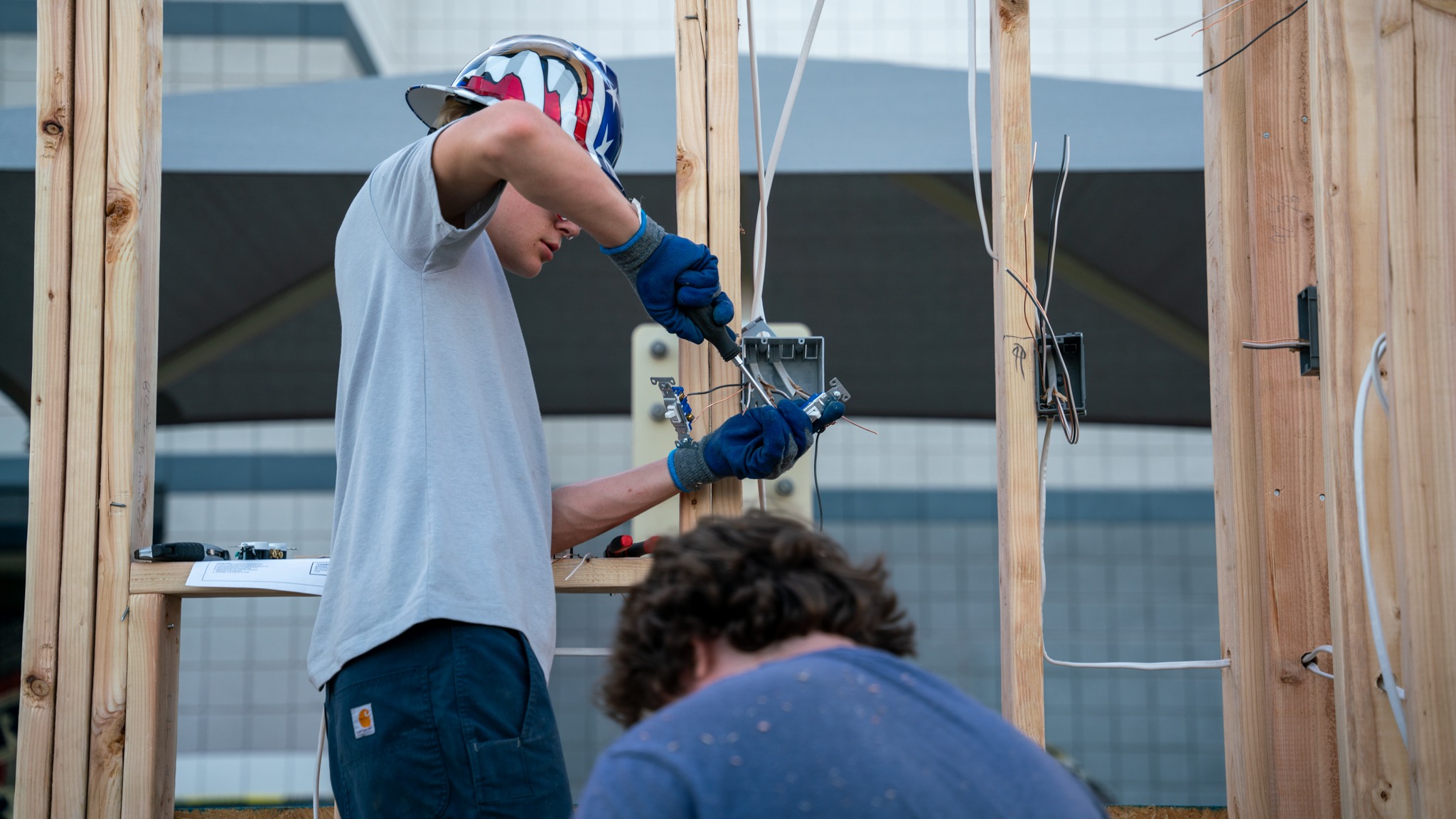 Construction CTE students engaged in hands-on learning