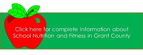 A graphic featuring a red apple with a green leaf on a green background, accompanied by text inviting users to click for information about school nutrition and fitness in Grant County.