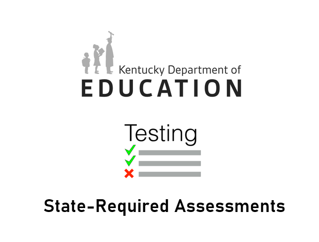 A graphic featuring the Kentucky Department of Education logo, the word 'Testing' with check and cross marks, and the phrase 'State-Required Assessments' below.