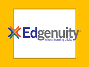 The Edgenuity logo features a stylized 'E' in red, blue, and green, accompanied by the word 'Edgenuity' in gray, with the tagline 'where learning clicks' below it, all set against a bright yellow background.