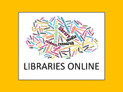 A colorful word cloud featuring various terms related to libraries and research, with the phrase 'LIBRARIES ONLINE' prominently displayed at the bottom.