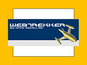 A logo featuring the text 'WEBTREKKER' in bold white letters on a blue background, accompanied by an illustration of a yellow airplane, all set against a bright yellow backdrop.