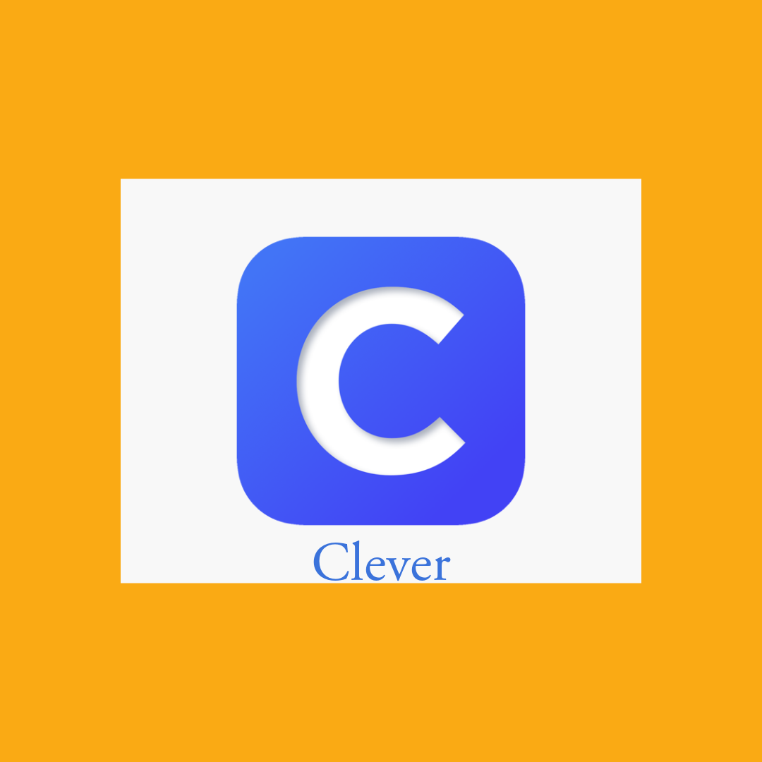 A blue square logo featuring a stylized letter 'C' and the word 'Clever' below it, set against an orange background.
