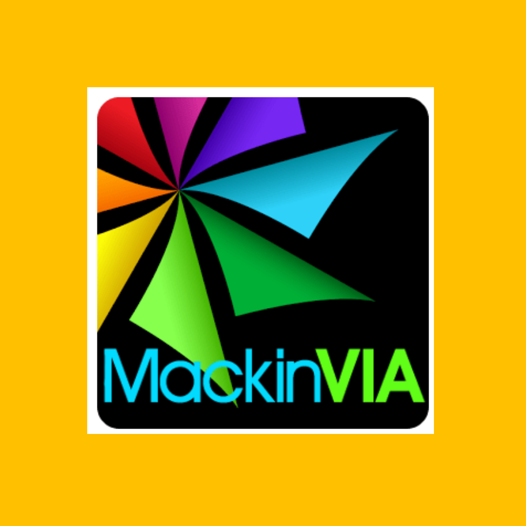 A colorful logo featuring a pinwheel design with the text 'MackinVIA' in blue, set against a black background.
