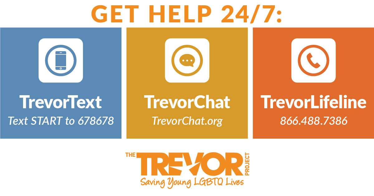 An informational graphic promoting 24/7 help services with three options: TrevorText, TrevorChat, and TrevorLifeline, each accompanied by icons and contact details.