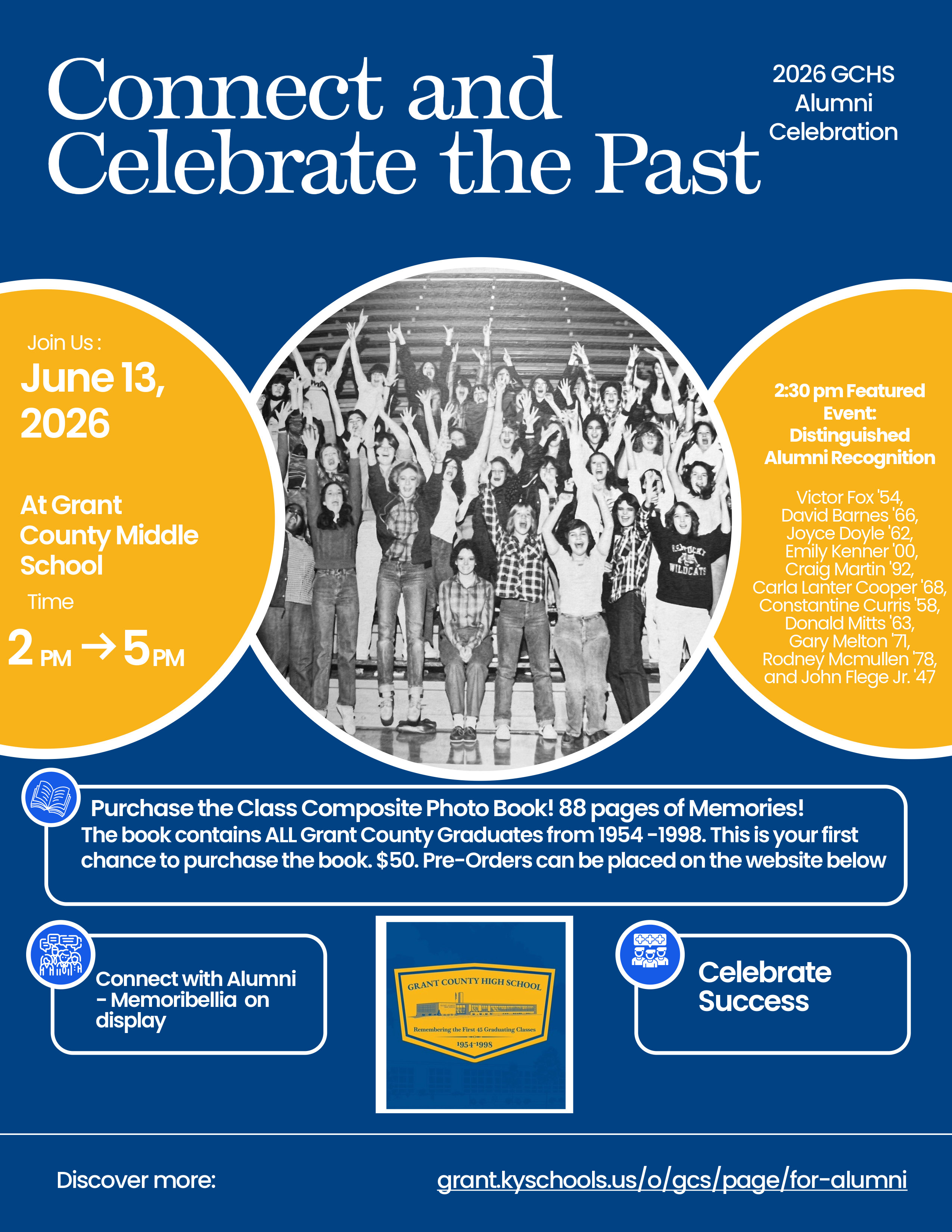 blue and gold flyer with black and white photo