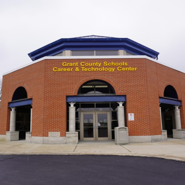Brick building with blue roof