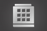 Stylized silver icon of a building with multiple windows, set against a dark gray background.