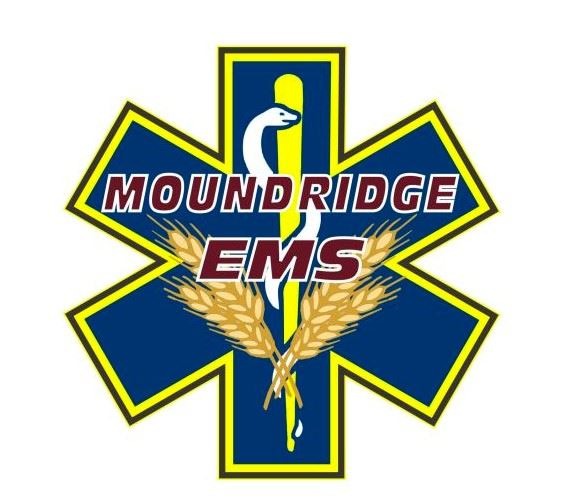 Logo of Moundridge EMS featuring a blue Star of Life with wheat and a snake on a yellow staff, symbolizing emergency medical services.